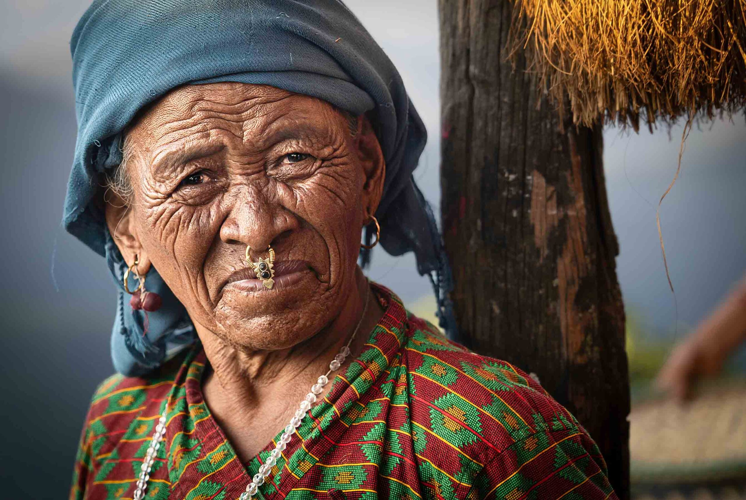 Portrait of an older woman in a headscarf, Nepal